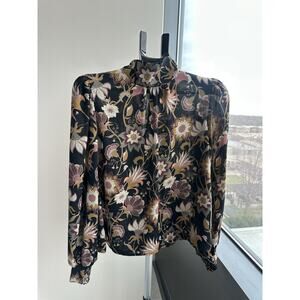 EVEREVE Floral Mock Neck Button Blouse Elastic Cuffs Black Pink Women's S
